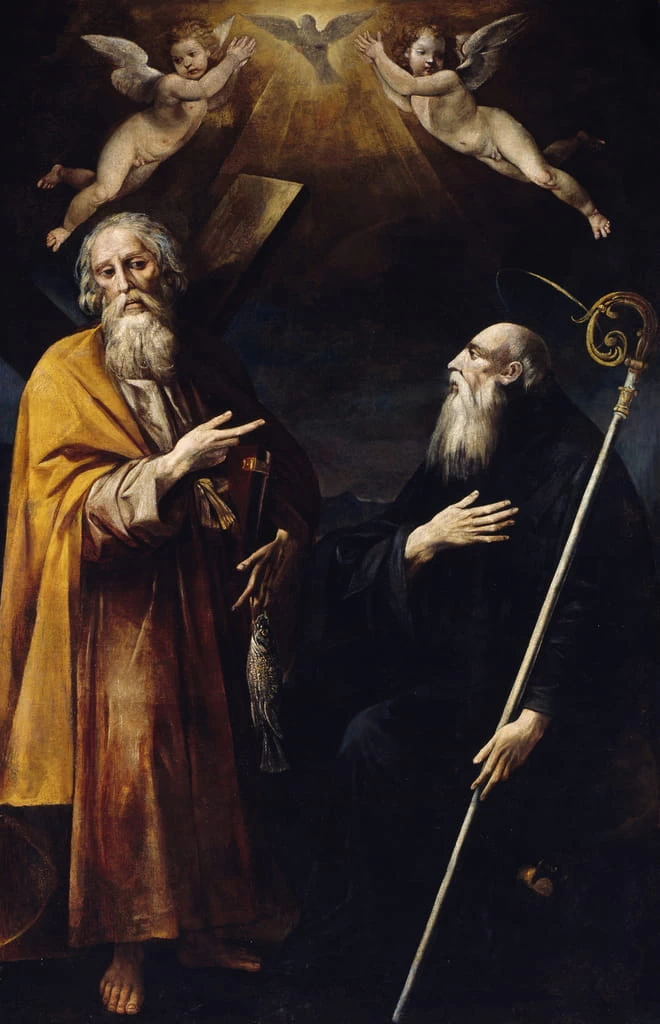 Santi Andrea e Benedetto con sopra lo Spirito Santo e due putti adoranti